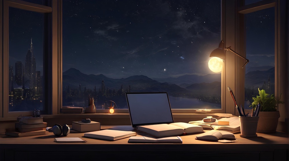 夜の窓辺のデスクのイラストイメージ